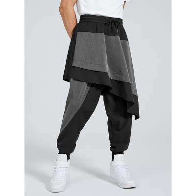 Mens Punk Drawstring Patchwork Color Block Harem Pants