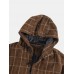 Mens Plaid Button Up Slant Pocket Woolen Cloth Hooded Jacket
