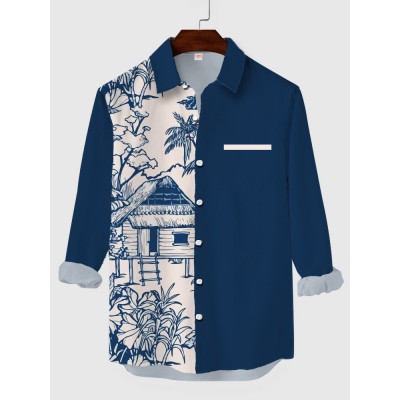 Vintage Blue Wooden House Fashion Printing Men's Long Sleeve Shirt