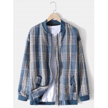Mens Plaid Baseball Collar Zip Front Casual Jacket With Buttoned Pocket
