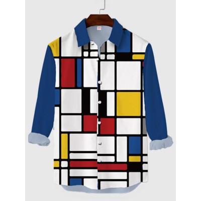 Plaid Series Abstract Painting Piet Mondrian Checkered Printing Men's Long Sleeve Shirt