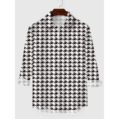 Full-Print Black And White Houndstooth Printing Men's Long Sleeve Shirt